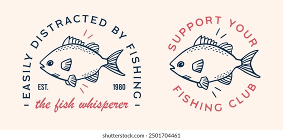 El humor divertido del pescador del club de pesca cita los dichos del diseño de la camisa del pescador que susurra fácilmente distraído por la pesca. Retro vintage azul marino y rojo estético imprimible insignia etiqueta engomada cortada archivo Paquete pack.