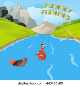funny fishing worm and fish vector illustration