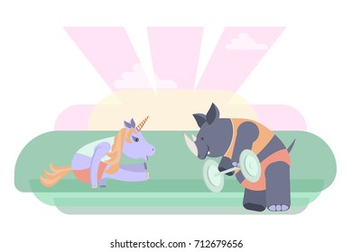 Funny fitness animals characters. Unicorn is engaged in yoga and a rhinoceros lifts the barbell. Vector illustration eps 10
