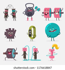 Funny fitness equipment characters doing exercises. Vector cartoon set of cute sport gym accessories isolated on background. Concept illustration.