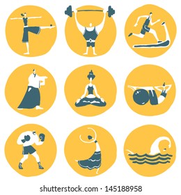 Funny fitness sportsmen. Vector icon set.