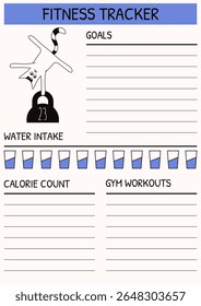 Engraçado Fitness Tracker modelo design. Ilustração vetorial da programação de treino de fitness anota linhas de objetivo e gato bobo bonito. Esporte perfeito Layout do plano com área de texto de entrada. EPS 10