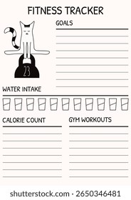 Engraçado Fitness Tracker modelo design. Ilustração vetorial da programação de treino de fitness anota linhas de objetivo e gato bobo bonito. Esporte perfeito Layout do plano em branco com área de entrada de texto. EPS 10