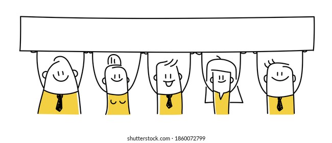 Funny five stick figures holding a banner above their heads. Hand drawn vector illustration of group of male and female people.