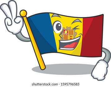 Funny flag andorra Scroll cartoon Character with two fingers