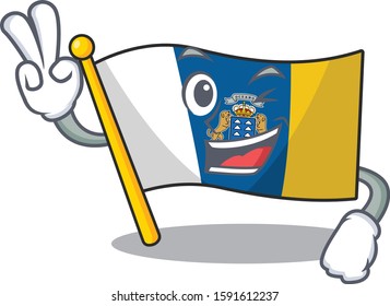 Funny flag canary island Scroll cartoon Character with two fingers