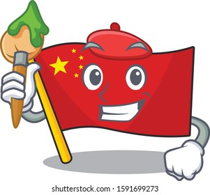 Funny flag china Scroll Artist cartoon character holding brush