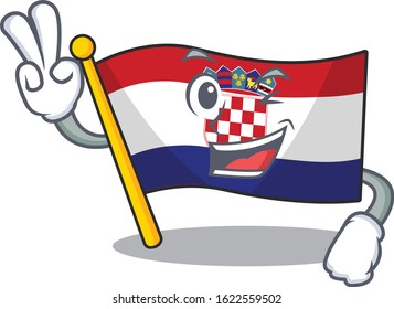 Funny flag croatia Scroll cartoon Character with two fingers