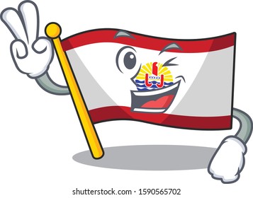 Funny flag french polynesia Scroll cartoon Character with two fingers