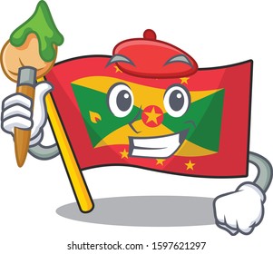 Funny flag grenada Scroll Artist cartoon character holding brush