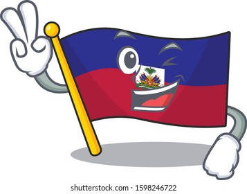 Funny flag haiti Scroll cartoon Character with two fingers