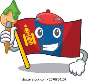 Funny flag mongolia Scroll Artist cartoon character holding brush