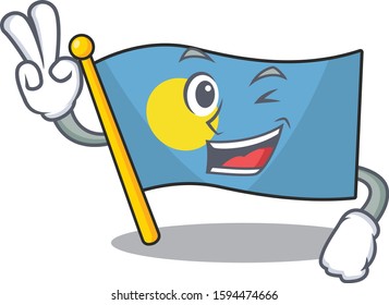 Funny flag palau Scroll cartoon Character with two fingers