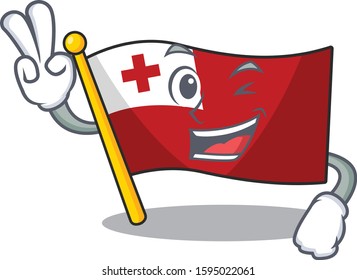 Funny flag tonga Scroll cartoon Character with two fingers