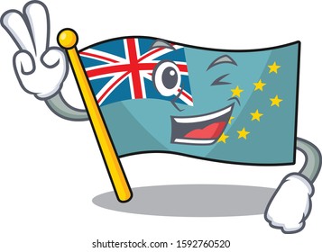 Funny flag tuvalu Scroll cartoon Character with two fingers