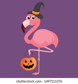 Funny flamingo, halloween, vector illustration