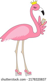 funny flamingo illustration wearing crown and holding phone