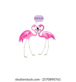 Funny flamingo pair with love message for Valentine's day or Wedding card, sticker, speech bubble, label, social media, poster design isolated on white background. Part 3