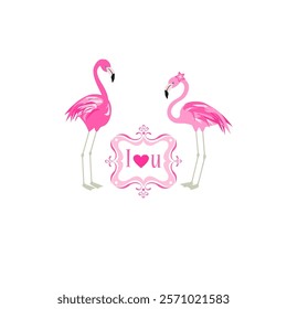 Funny flamingo pair with love message for Valentine's day or Wedding card, sticker, speech bubble, label, social media, poster design isolated on white background. Part 4