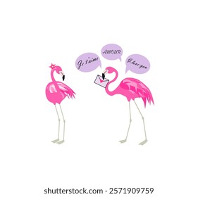 Funny flamingo pair with love message for Valentine's day or Wedding card, sticker, speech bubble, label, social media, poster design isolated on white background. Part 6