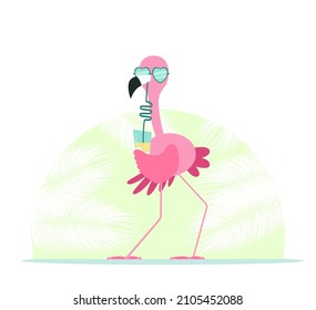 Funny flamingo with a tropical cocktail. Beach party. 