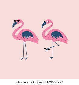 Funny flamingos with black sunglasses hand drawn vector illustration. Isolated cute pink bird in flat style for kids logo or icon.