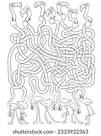 Funny flamingos with long, tangled necks. Children logic game to pass the maze. Educational game for kids. Choose right path. Write correct answers. Funny cartoon character. Coloring book