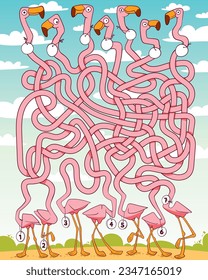 Funny flamingos with long, tangled necks. Children logic game to pass the maze. Educational game for kids. Choose right path. Write correct answers. Funny cartoon character. Worksheet