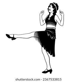 Funny Flapper Girl Dancing. Pretty woman in retro suit. Black and white ink style vector clipart isolated on white.