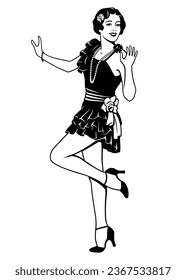 Funny Flapper Girl. Retro pretty woman dancing. Black and white ink style vector clipart isolated on white.