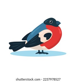 Funny flat bullfinch with red breast on white background. Vector cartoon illustration in bright colors. Square image of cute winter bird character with smile for holiday season greeting poster or card