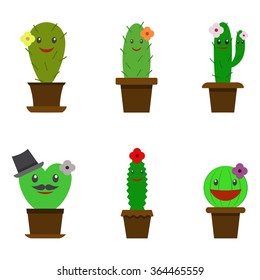 Funny flat cactus vector set. Smiling happy cactus illustration.