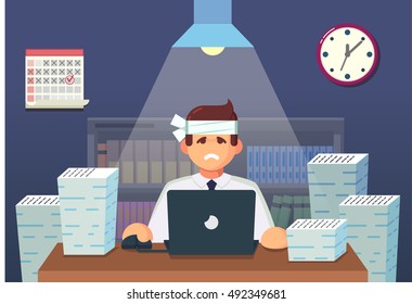 Funny flat Cartoon Character. Tired Office Worker Sitting and Working All Night. Vector Illustration eps10