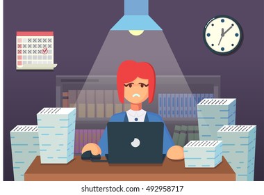 Funny flat Cartoon Character. Tired Office Worker Sitting and Working All Night. Vector Illustration eps10