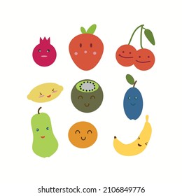 Funny Flat Cartoon Happy Delicious Fruit Icons Clip-art Vector Illustration