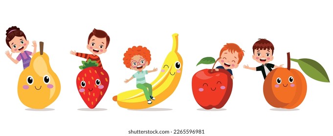 Funny Flat Cartoon Happy Yummy Fruits and kids icons clip art vector illustration