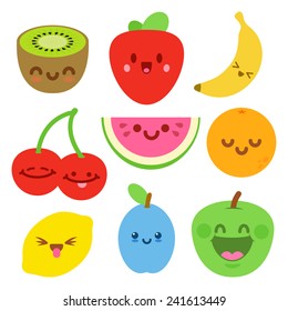  Funny Flat Cartoon Happy Yummy Fruits icons clip art vector illustration on white