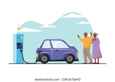 Funny flat cartoon illustration of an elderly black couple charging their vehicle at the charging station and using a cellphone.