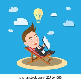 Funny flat character businessman idea vacation concept 