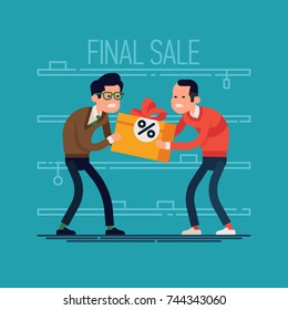 Funny flat character design on crazy shopping sale and seasonal allowance consumption madness with two men fighting each other for last marked down item left in stock 