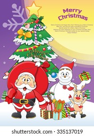 funny flat character merry Christmas Santa, Snowman, Reindeer Cartoon