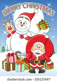 funny flat character merry Christmas Santa, Snowman, Reindeer Cartoon
