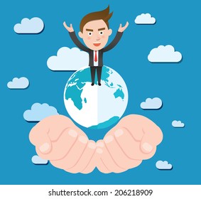 Funny flat character smart global business concept