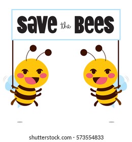 Funny flat color style illustration of two cute bees on protest save the bees concept