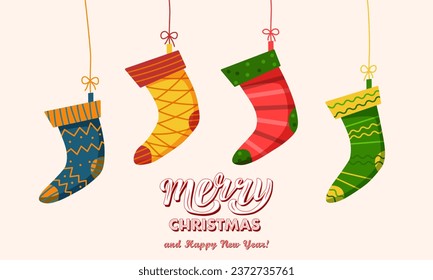 Funny flat decorated Christmas stockings on color background. Vector cartoon illustration with colorful socks. Merry Christmas and Happy New Year red lettering for season holiday greeting card