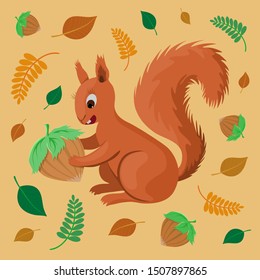 Funny flat design of happy cartoon red squirrel holding big hazelnut with set of autumn leaves in the background.
