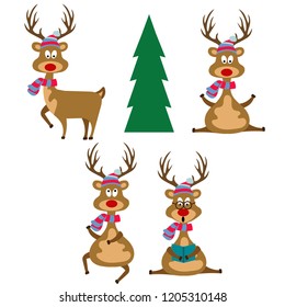 Funny flat design reindeers dressed for Christmas. Christmas bundle. Isolated on white background. Vector