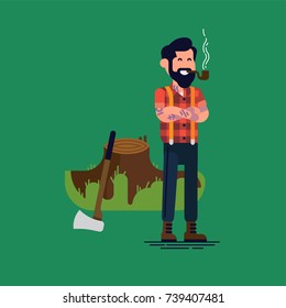 Funny flat design vector character of lumberjack smoking pipe. Bearded tattooed man standing next to stump and axe