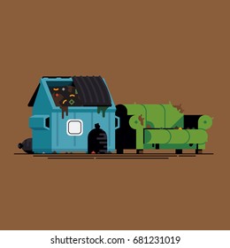 Funny Flat Design Vector Concept On Discarded Furniture. Dumpster Couch Illustration Featuring Worn Out Sofa And Dirty Garbage Container