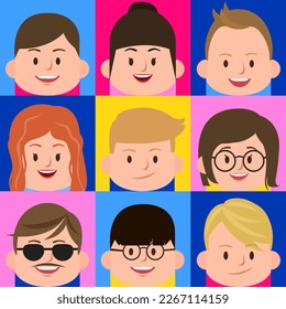 Funny Flat Face People Avatars Diverse Square Profile Pictures Character Design Set
